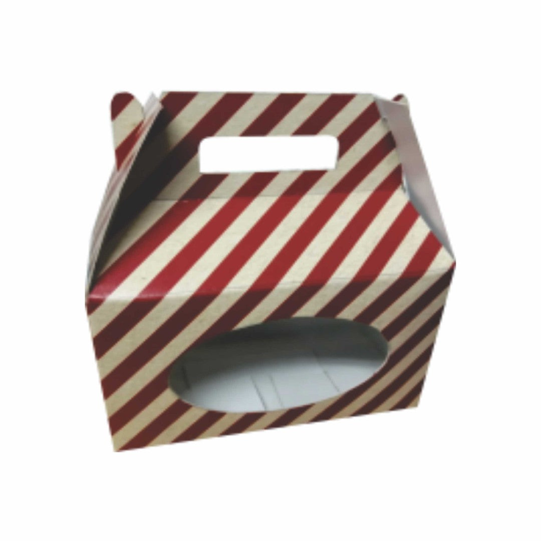 20 Caja tipo Lonchera Rayas Rojas con Ventana de Celofán Med. 16x9x10cm