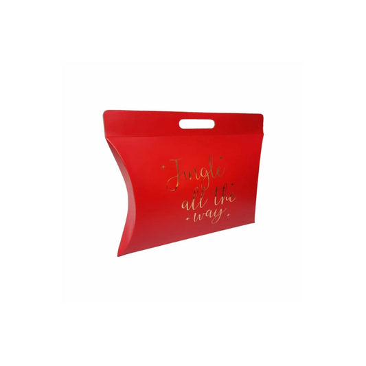 caja para regalo navideño tipo almohada roja letras doradas