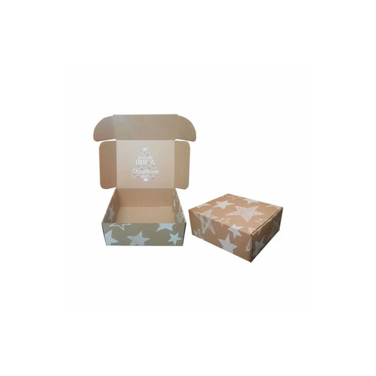 caja para regalo navideña kraft con estrellas blancas