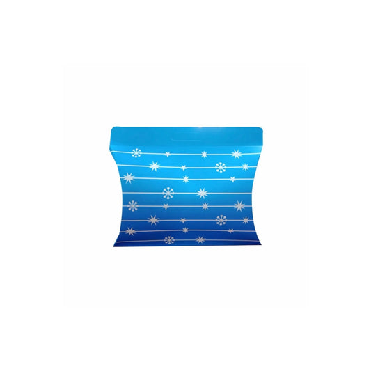 caja para regalo tipo almohada navideña azul copos blancos 