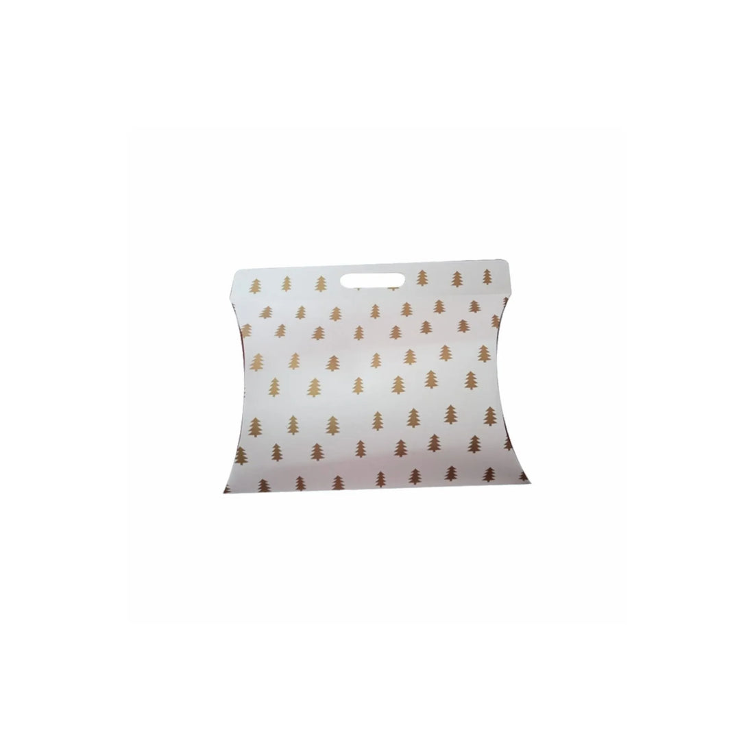 caja para regalo navideño tipo almohada blanca pinos dorados 