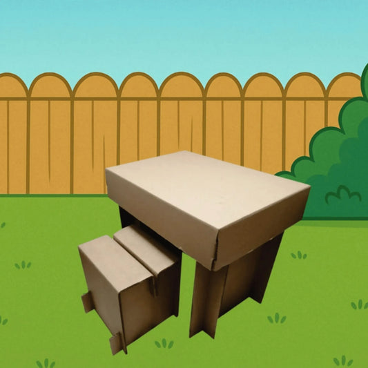 mesa de carton con dos banquitos